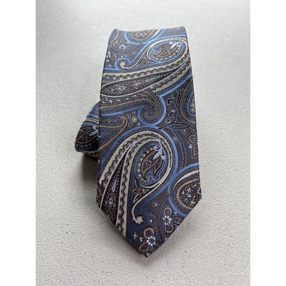 Joseph Abboud Blue, Brown, White Paisley Pattern 100% Silk Slim Tie NWOT - Picture 1 of 7